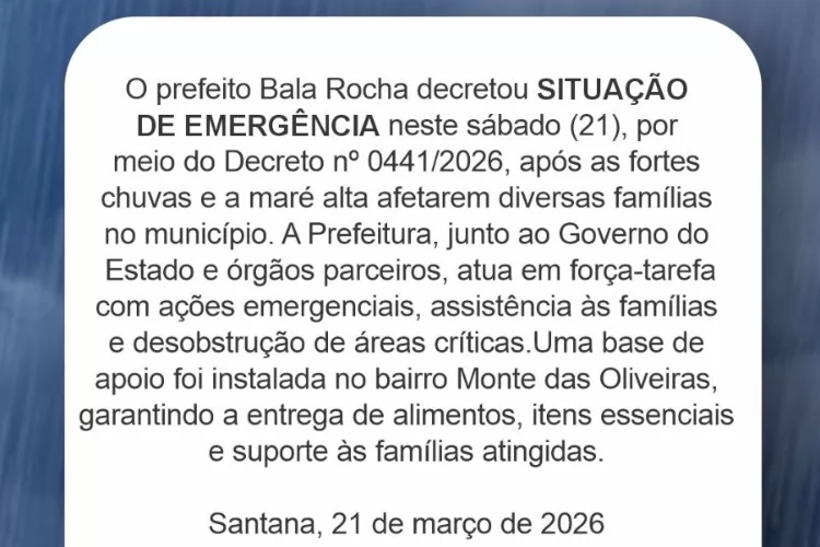 Prefeito Bala Rocha decreta situação de emergência em Santana devido às fortes chuvas